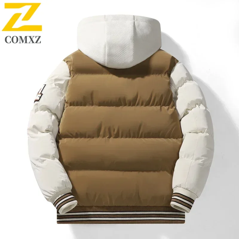 Jaqueta de beisebol de inverno 2024 novo design bordado casaco jovem ao ar livre falso 2 peças esportes masculinos jaqueta de algodão com capuz plus size