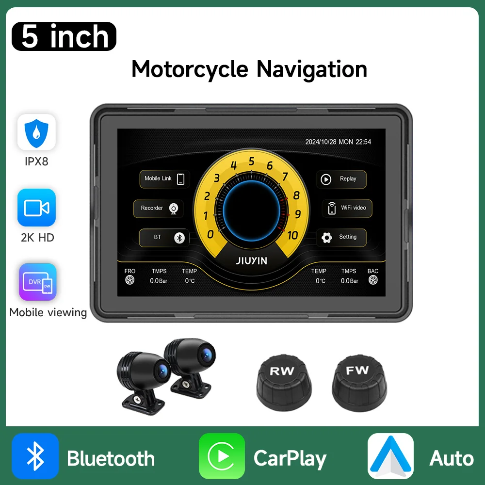 Reproductor multimedia para motocicleta de 5 pulgadas, grabadora de vídeo 2K HD, inalámbrico, CarPlay, Android, navegación GPS automática, pantalla impermeable IPX8 BT