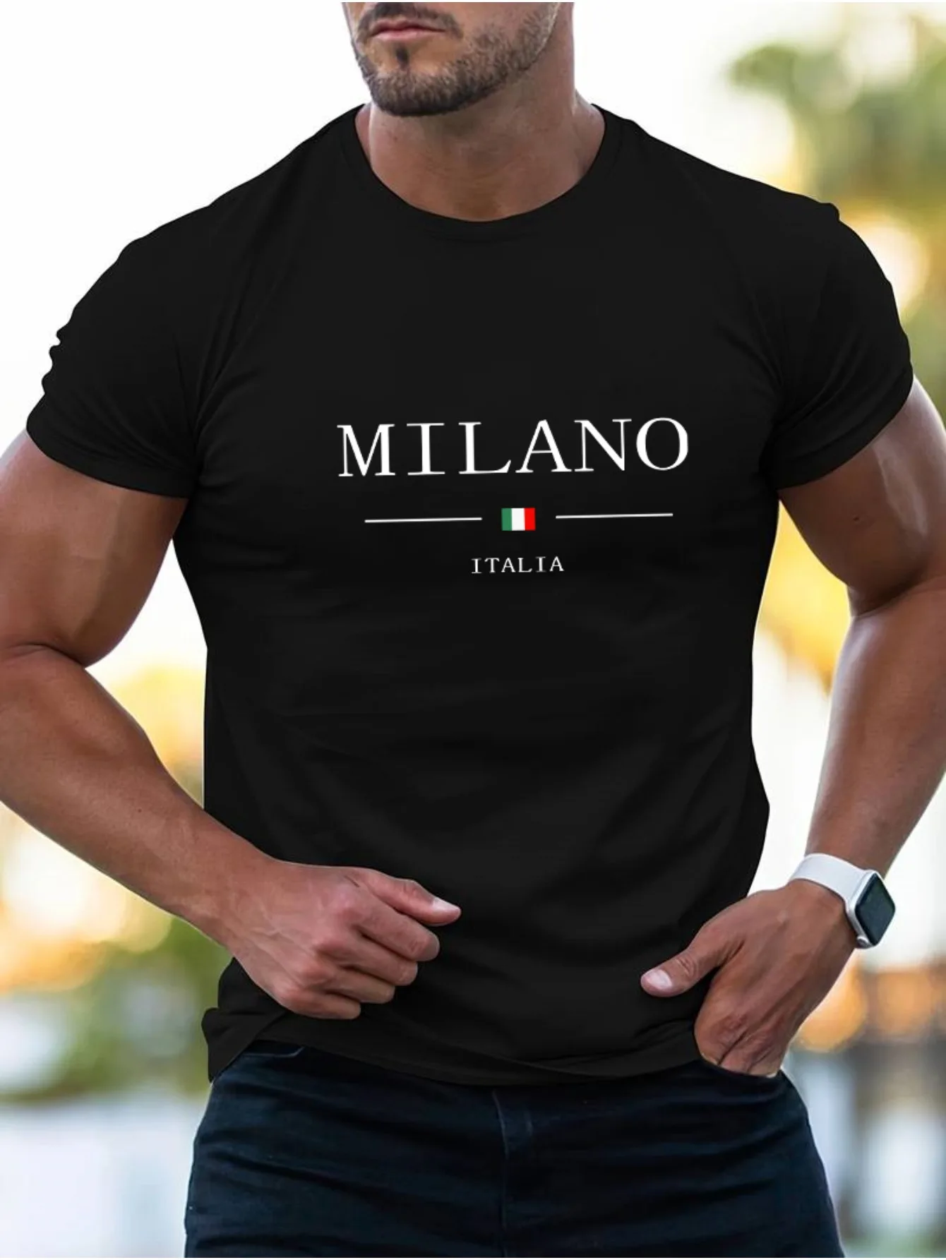 Summer men's casual sports loose plus MILANO print comfortable shopping round neck short sleeved T-shirt top