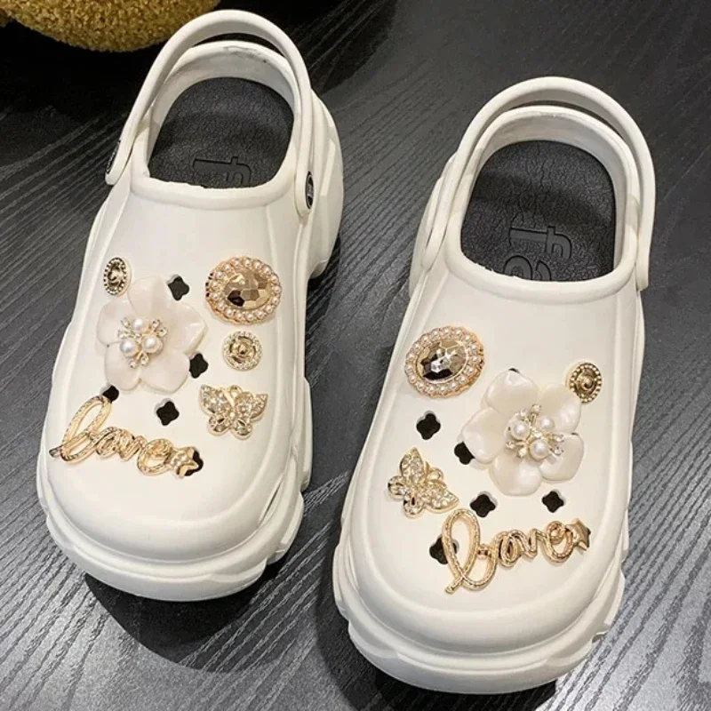 Bling ไข่มุกเพชรน่ารักหมีตกแต่ง Vented Clogs สไลด์ 7 ซม.แพลตฟอร์มรองเท้าแตะชายหาดกลางแจ้งสาวฤดูร้อนรองเท้าแตะผู้หญิงรองเท้า