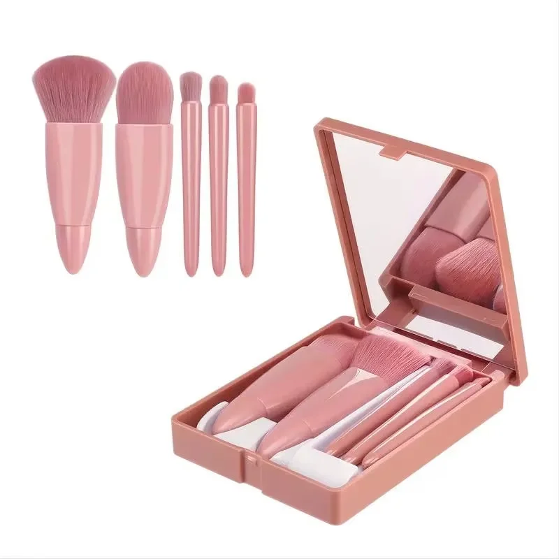 Juego de brochas de maquillaje de tamaño de viaje de 5 uds Mini brochas de maquillaje, Kit de brochas cosméticas de función completa pequeña con estuche y espejo 5 uds T