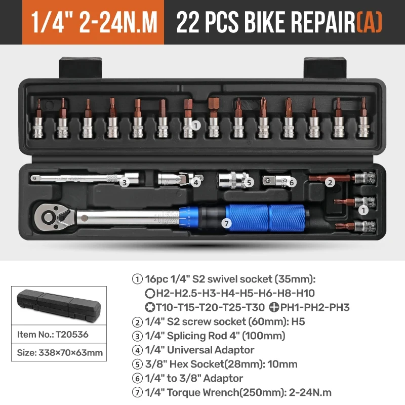 16PCS Chiavi preimpostate di coppia ad alta precisione 2-24N.m Chiave a cricchetto regolabile da 1/4' Strumento di riparazione auto Kit di strumenti di riparazione biciclette Set