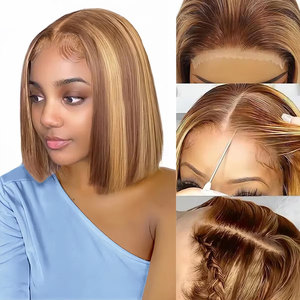 Highlight Wear Go Glueless Echthaar, gerade, kurze Bob-Perücke, P4/27, gefärbt, 7 x 5, 13 x 4 HD Lace Frontal, leimlose Perücken, bereit zum Tragen