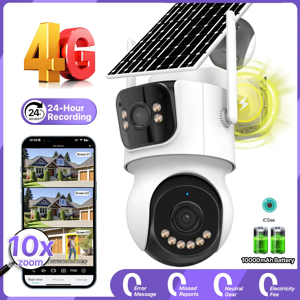 Cámara Solar 4G SIM, grabación 24/7, cámara exterior de tres pantallas AOV con Zoom 10X, batería integrada, cámara de seguimiento automático de seguridad iCSee