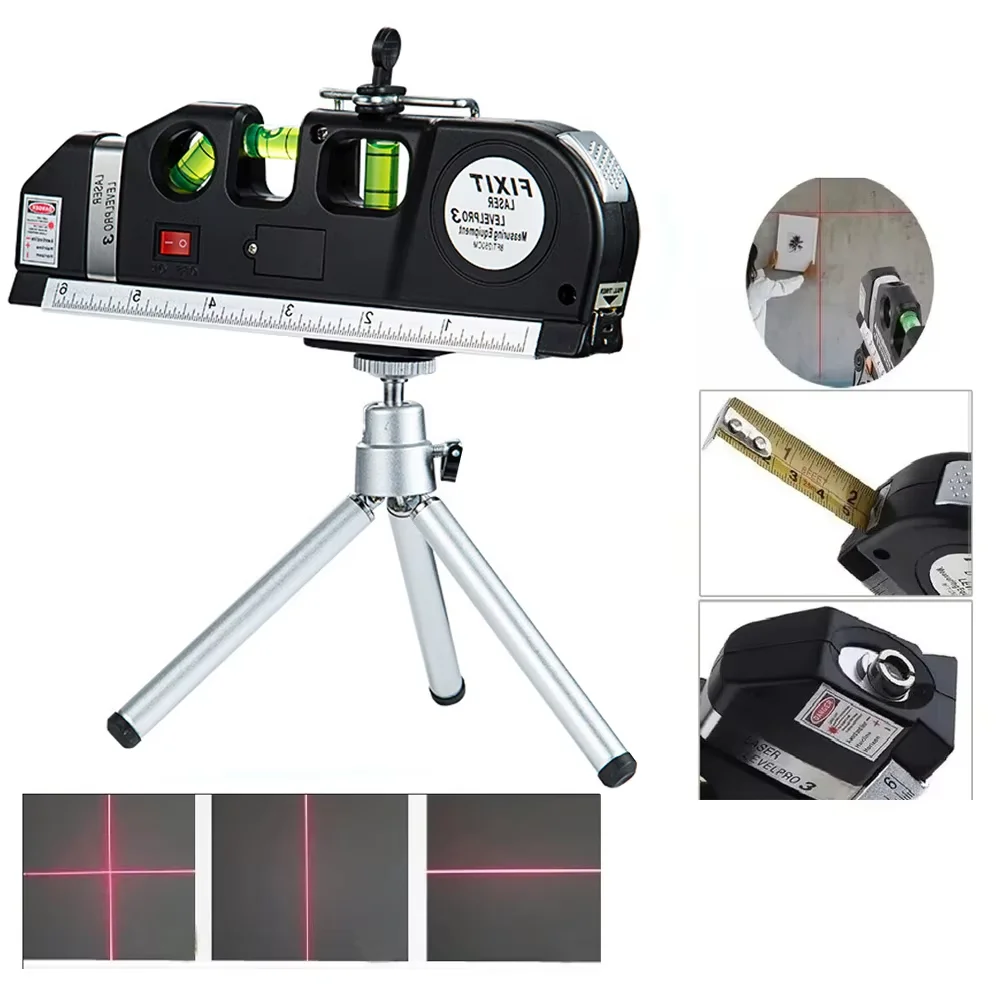 Ferramenta de linha de nível a laser multiuso kit de nível a laser padrão linha cruzada laser 8 pés fita métrica régua com tripé de metal