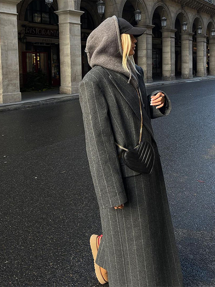 Sobretudos de lã listrado para mulheres, casacos de lapela vintage, mangas compridas, moda extragrande, jaqueta feminina, outono e inverno, 2024