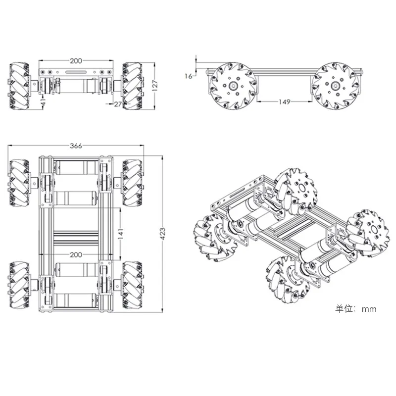 35 kg robuster 4WD-Mecanum-Radwagen, omnidirektionaler mobiler Roboter mit Motor, Metallgehäuse für Forschung, programmierbarer Roboter