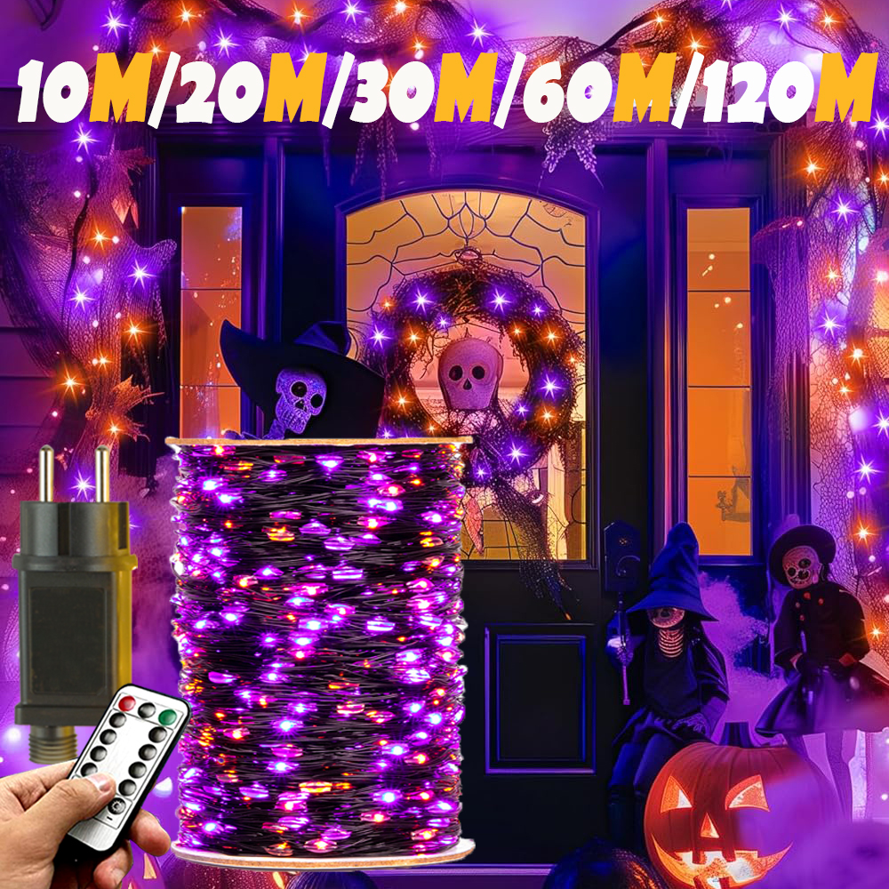 10–120 m Kupferdraht-Lichterkette, Halloween, lila und orange, Lichterkette, 8 Modi, für den Außenbereich, Straße, Weihnachtsgirlande, Party-Dekoration