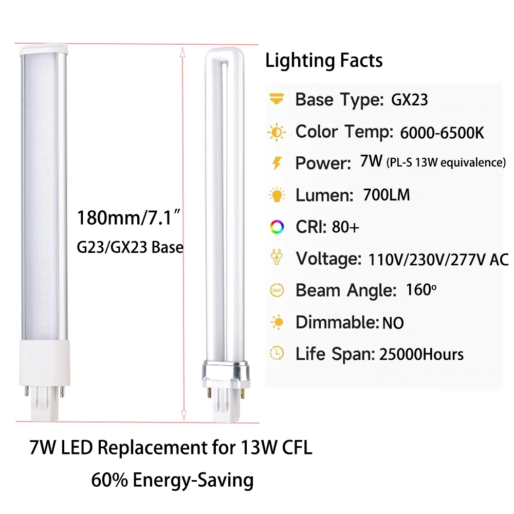 2 uds LED PL G23 GX23 3W4W5W7W bombilla enchufe lateral Horizontal Ceil CFL PL-S 7W 9W 13W lectura lámpara de escritorio de mesa reemplazo, quitar balastro