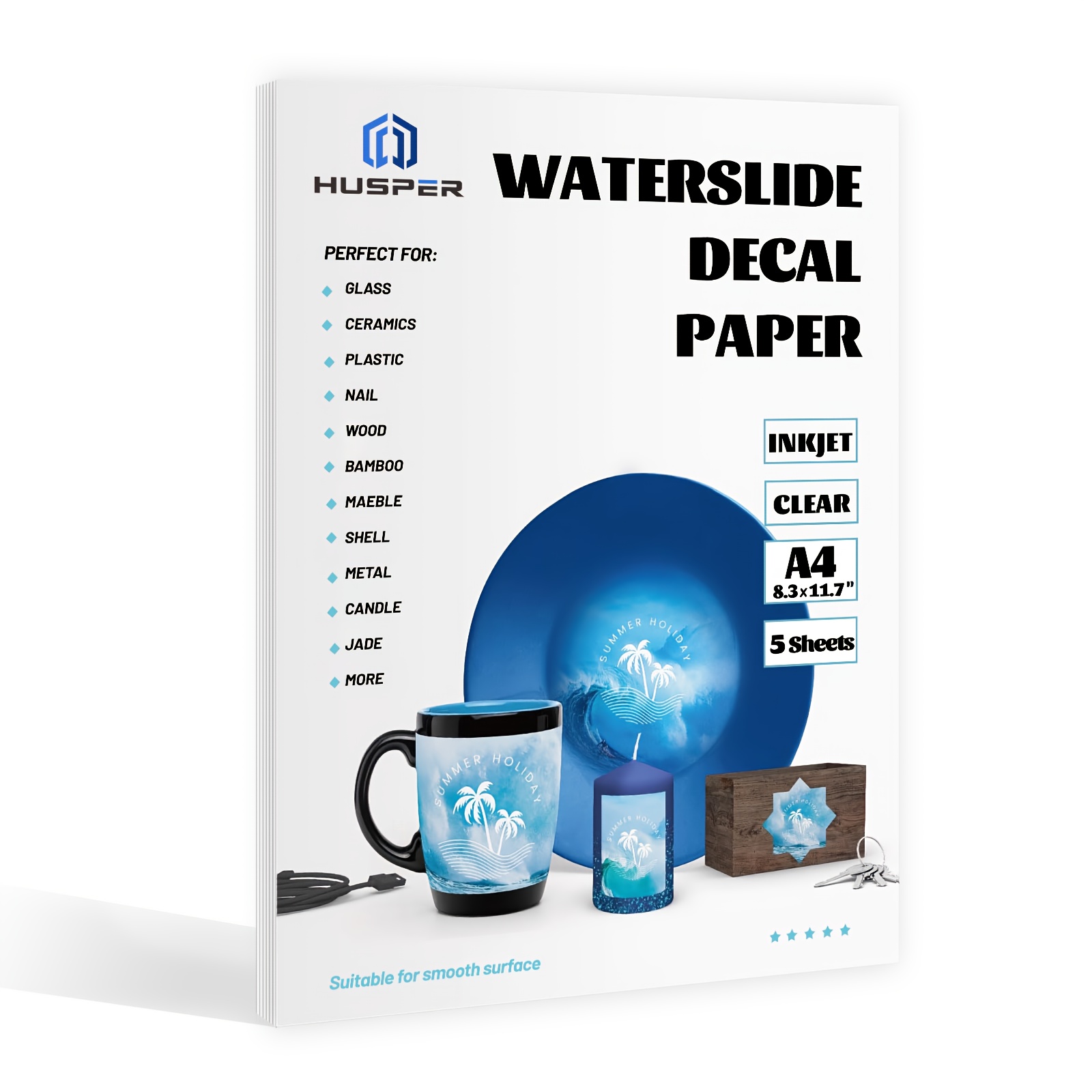 HUSPER Glossy Waterslide Decal Paper for INKJET Printer - CLEAR, 5 Sheets, A4 (8.3×11.7 Inch), Clear Water Slide Transfer Printa