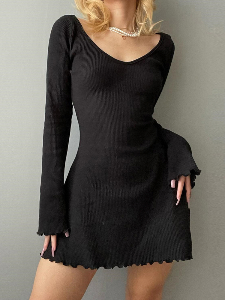 Stricken Elegantes Kleid Für Frauen Frühling Herbst Einfarbig V-ausschnitt Büro Dame Unregelmäßigen Saum Einfache Grundlegende Dünne Kleider