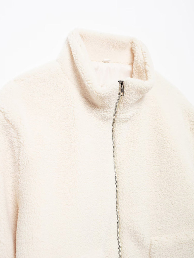 Chaqueta corta de lana de cordero para mujer, abrigo cálido de manga larga con cremallera y bolsillo, ropa de calle elegante, moda de invierno