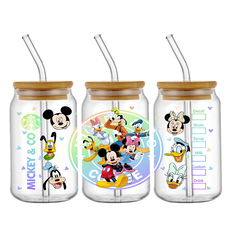 Mickey Minnie Cartoon Princess Winnie Little Bear Stitch High-Quality Wraps 16oz Glass Cup UV DTF Wrap Transfer Decals