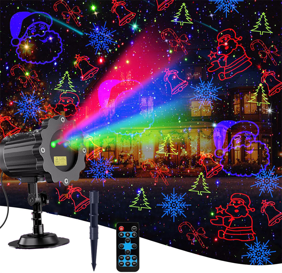 Red Green Blue 3 Color Christmas Laser Projector Lights 8 Patterns LED Projection Lights with Remote Landscape Laser Spotlights