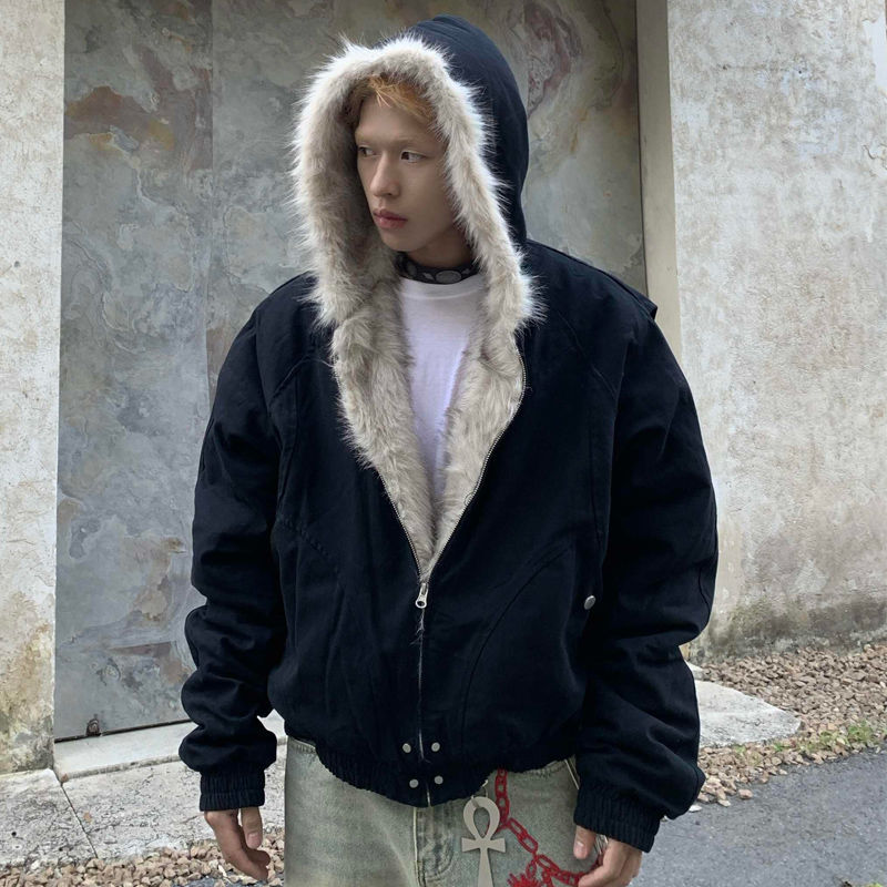 Amerikanischen Retro Woolen Kragen Mit Kapuze Baumwolle Jacke Winter Dicken Plüsch Top Männer Straße Hip-Hop Gothic Harajuku Oversize Jacke mantel