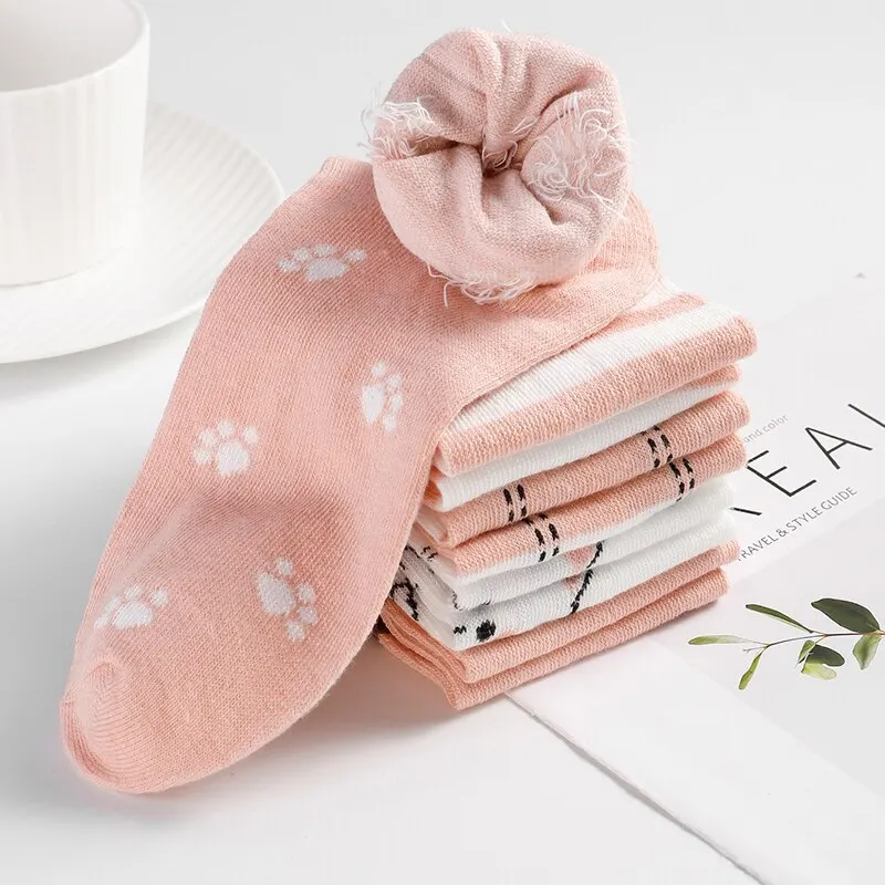 5 pares de calcetines cortos casuales para mujer con diseño de gato lindo