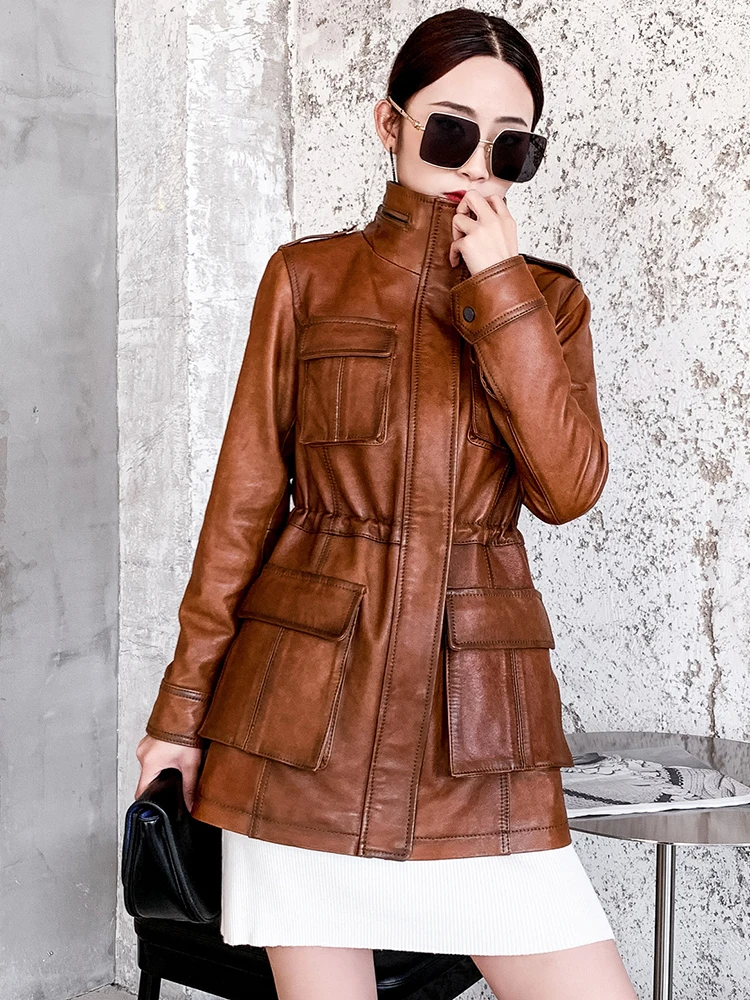 Tajiyane-女性のための本革のシープスキンのコート,ヴィンテージスタイルのトップ,ミドル丈の革のジャケット,秋の服