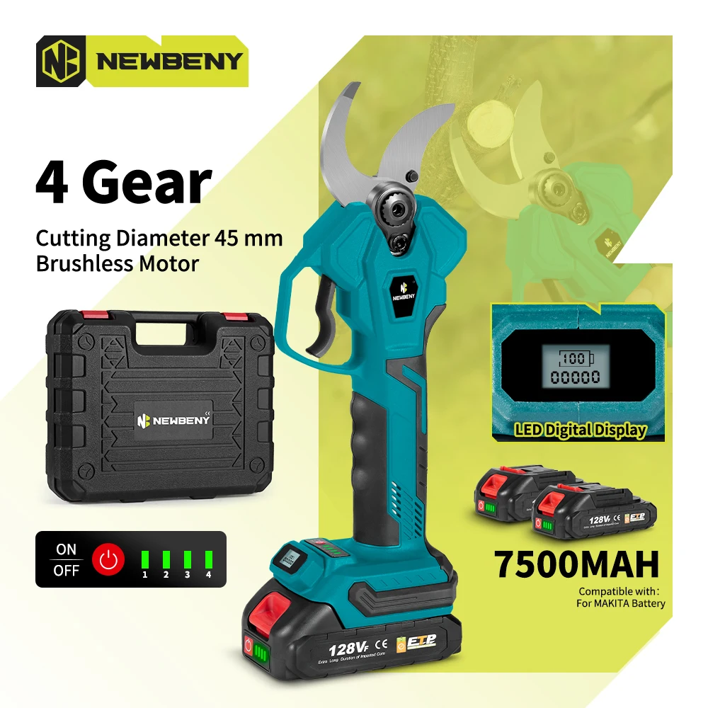 NEWBENY 45 มม.4 เกียร์Brushlessไฟฟ้าPrunerเฉือนที่มีประสิทธิภาพชาร์จสวนตกแต่งเครื่องมือFitสําหรับMakita 18Vแบตเตอรี่Pins