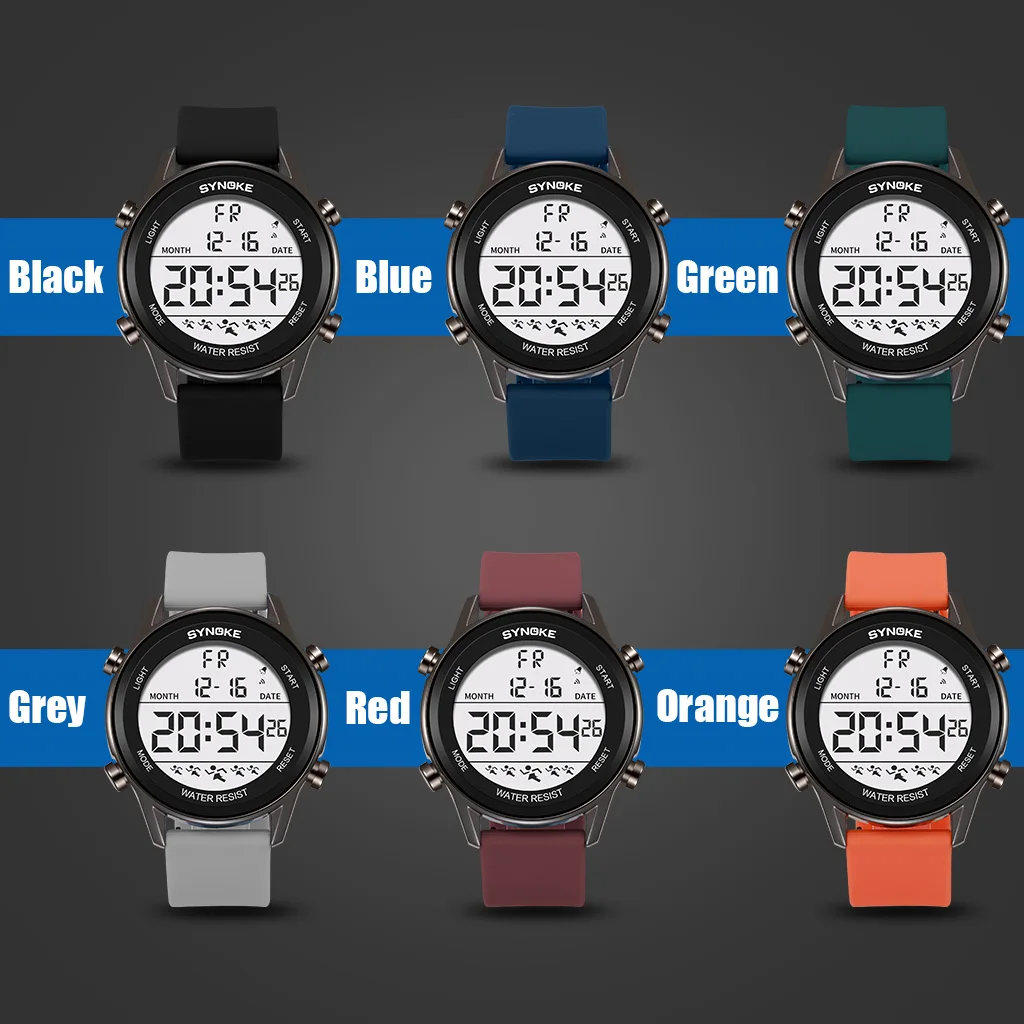 Synoke Mannen Buitensporten Multifunctionele Waterdichte Groot Scherm Display Lichtgevende Digitale Led Voor Mannen Mode Siliconen Horloge