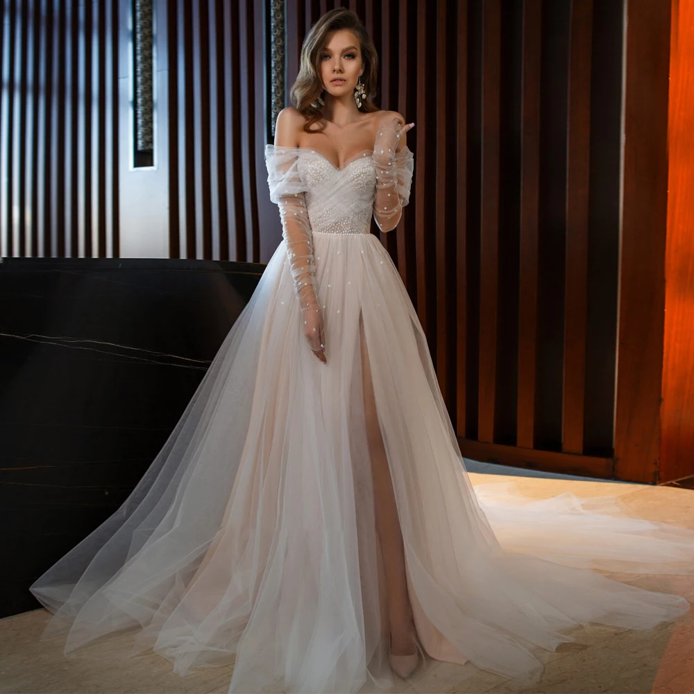 Abito da sposa Boho in morbido Tulle maniche lunghe Sweetheart Pearls abiti da sposa Beach Front Split abiti da sera per feste formali