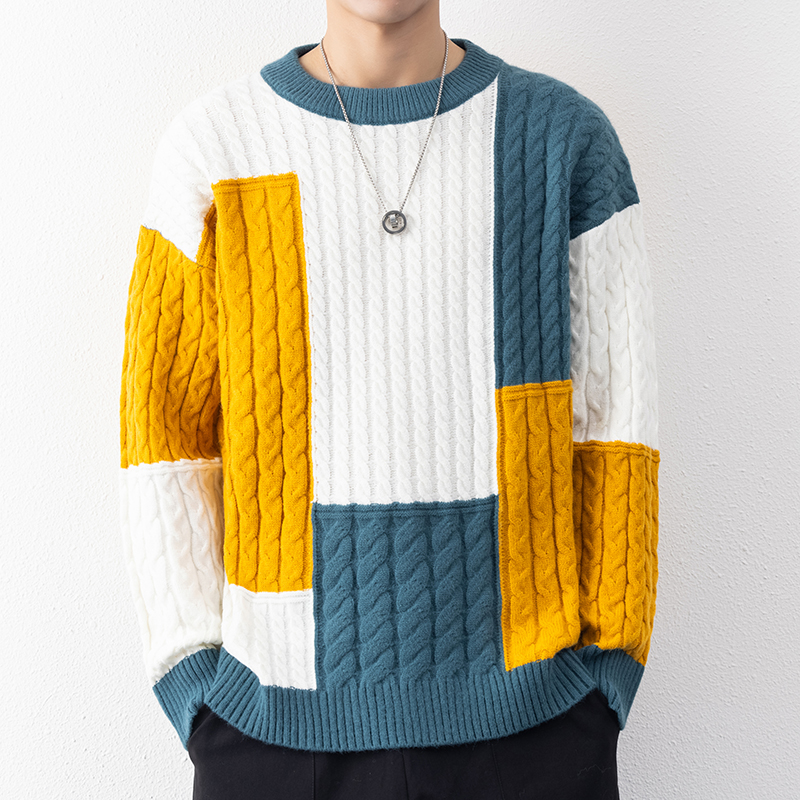 Nueva moda Primavera Invierno, suéter suelto de retales, ropa de calle para hombres, suéteres casuales de alta calidad para hombres, jerséis de punto cálidos para hombres