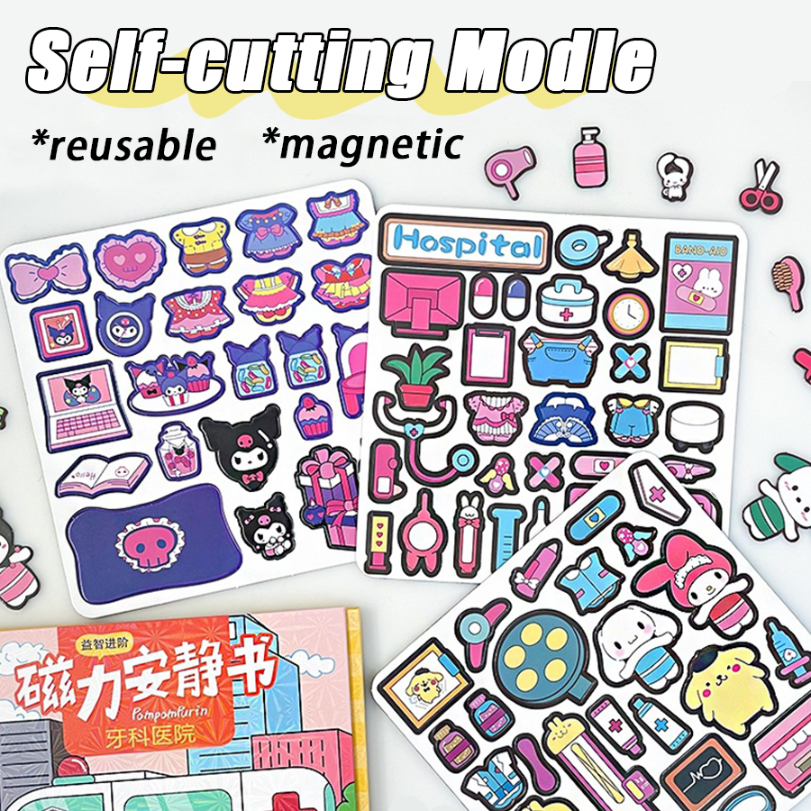 Sanrio Kuromi Cinnamoroll libro magnético silencioso My Melody hecho a mano DIY juguete repetible pegatinas magnéticas regalo para niñas juguetes para niños