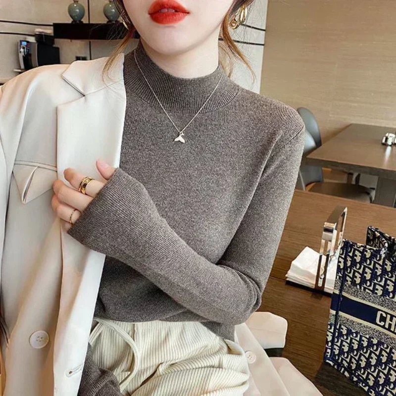 2024 moda Color sólido cuello alto mujeres Otoño Invierno suéteres de punto jerseys básicos de imprimación suéter coreano Jersey ajustado