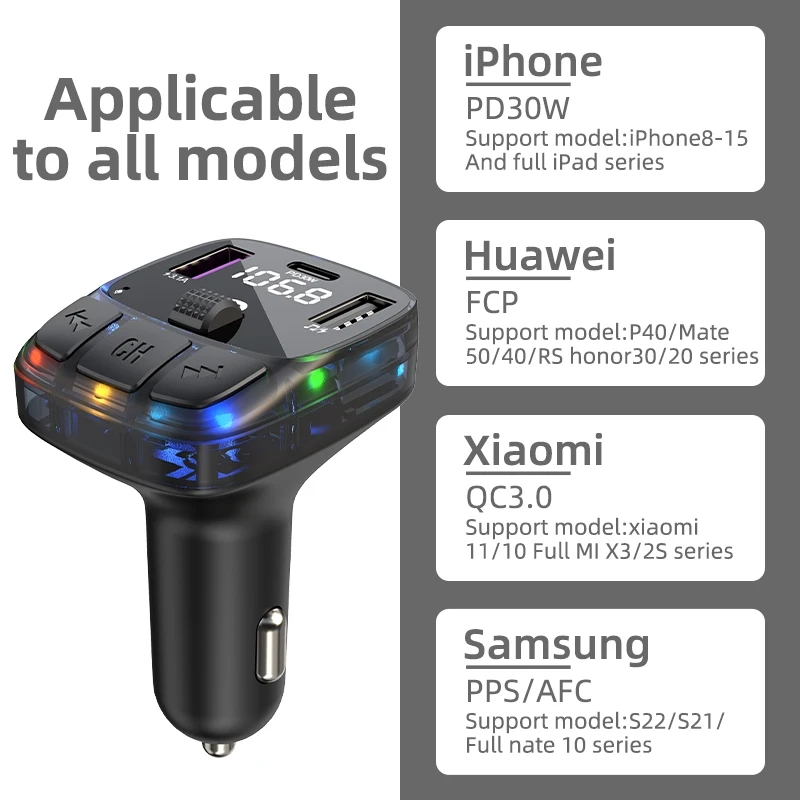 Coche 30W PD Tipo C USB dual Coche rápido que carga la luz ambiental Bluetooth 5.3 Cargador de coche