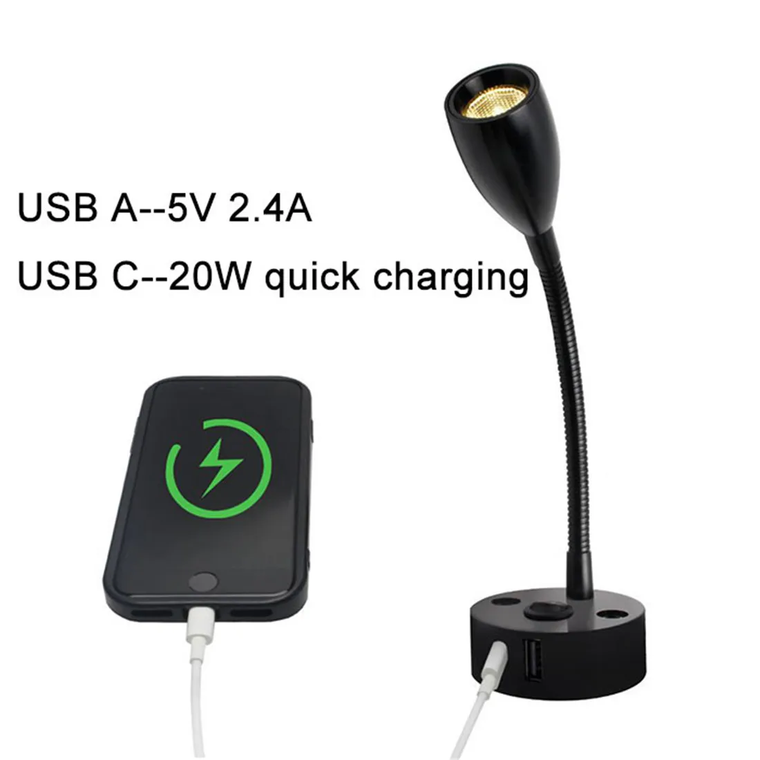 Gooseneck 12V RV Reading Light with USB Type C Quick Charger Flexible 24 Volt Light for Boat Camper Van Trailer Interior Lights
