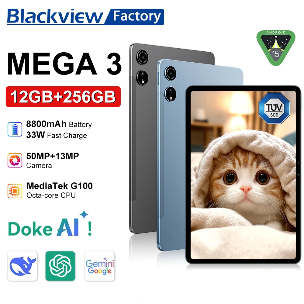 2025 Blackview MEGA 3 Tablet Android 15 Pad 12,1" 2,5K 90Hz Display 12GB 256GB 8800mAh Tablet PC 33W Snel opladen 50MP Camera