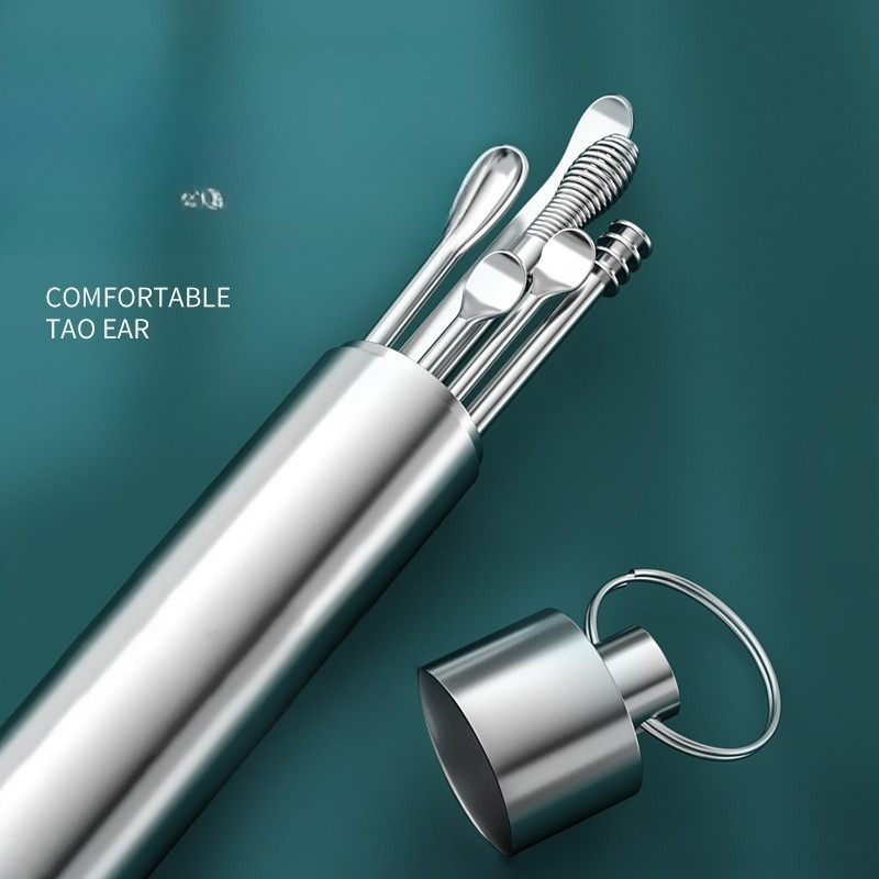 Stainless Steel Ear Wax Removal Tool 6 Piece Set Spiral Rotating Ear Scoop Portable Ear Cleaner for Safe Ear Care