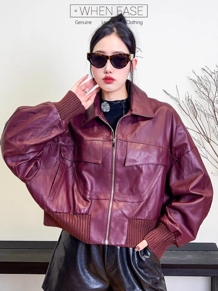 Mode Frauen Echtes Leder Jacke Lose Fit Hip Hop Batwing Hülse Persönlichkeit Gespleißt Streetwear Zipper Cargo Kurzen Mantel