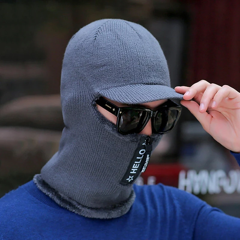 Gorros de lana de punto para hombre, gorro de felpa gruesa con cremallera, conjunto de cuello de una pieza, protección de cuello para ciclismo al aire libre, Invierno