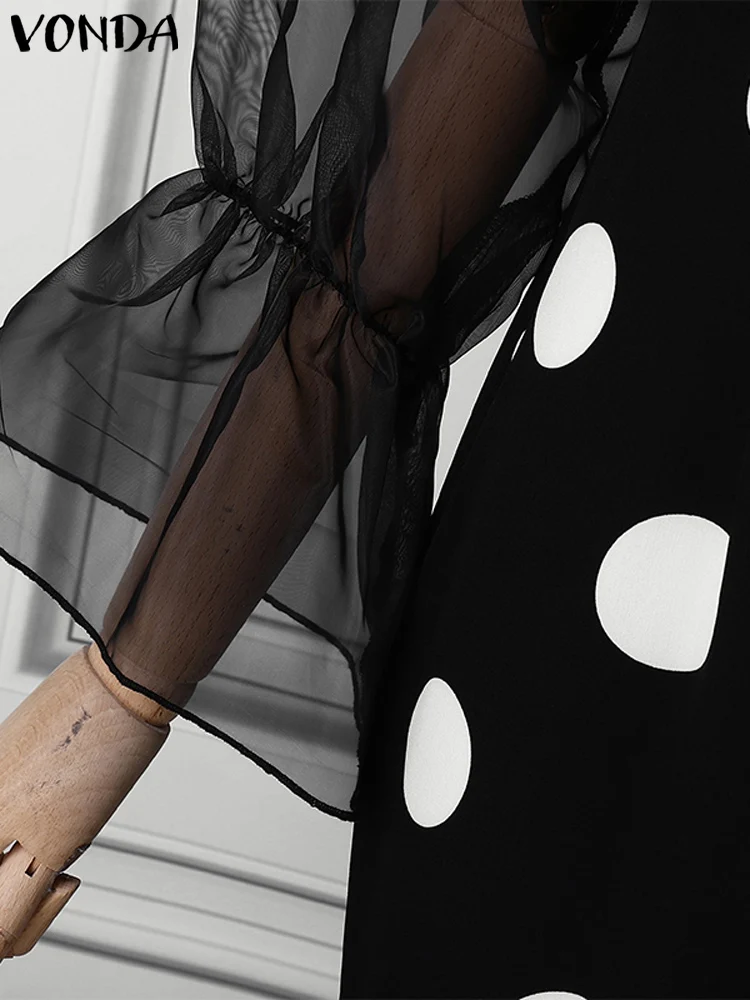 Plus Größe VONDA Frauen Abend Party Midi Kleid Casual Langarm Robe Oansatz Polka Dots Elegante Spitze Patchwork Böhmischen Vestido