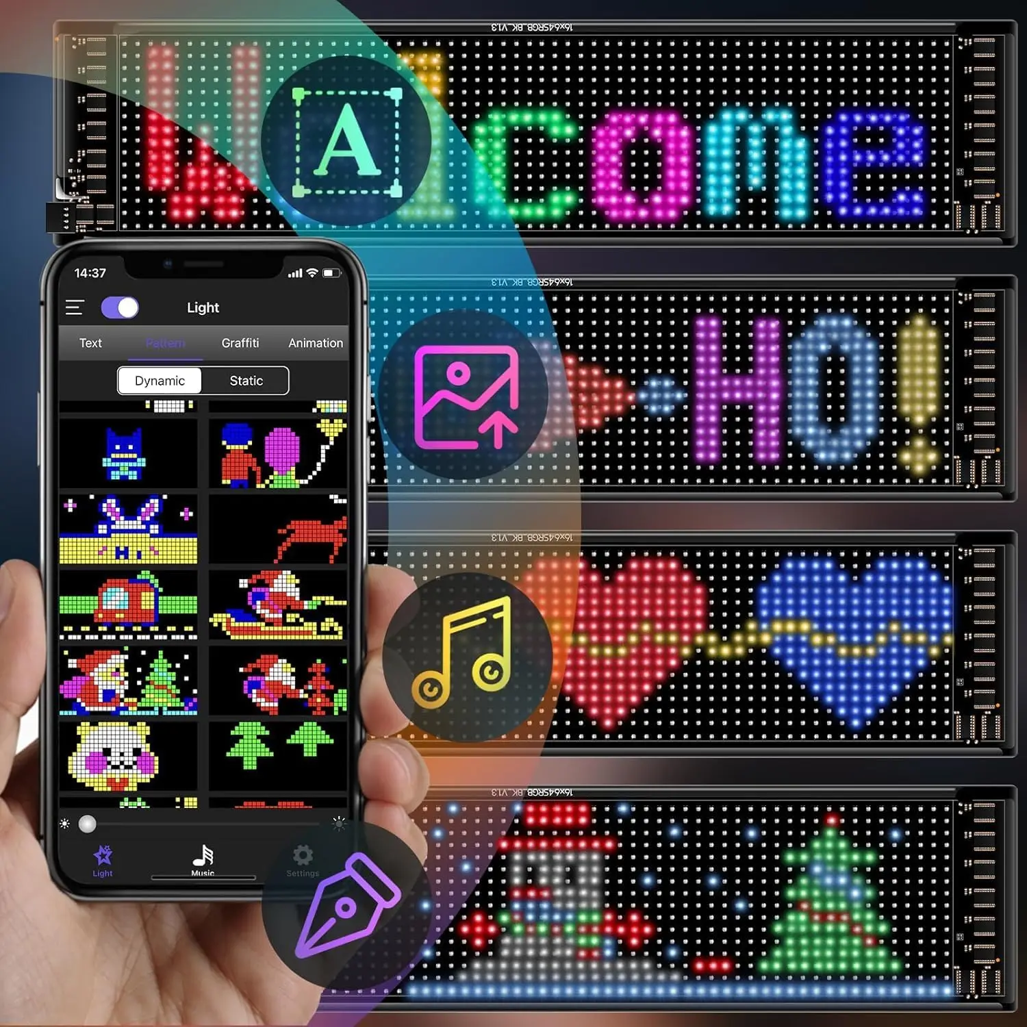 Car Mounted LED Flexible Screen USB 5V Advertising Display APP/Remote Control Waterproof DIY Programmable Bar Store Decoration