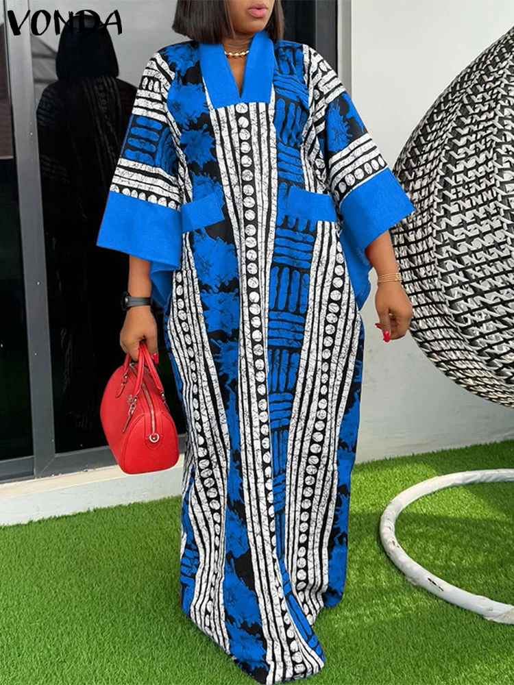 Plus Größe 5XL VONDA Vintage Print Kleid Frauen Sommer Party Maxi Vestido 2025 V-ausschnitt 3/4 Hülse Casual Oversize Böhmischen robe