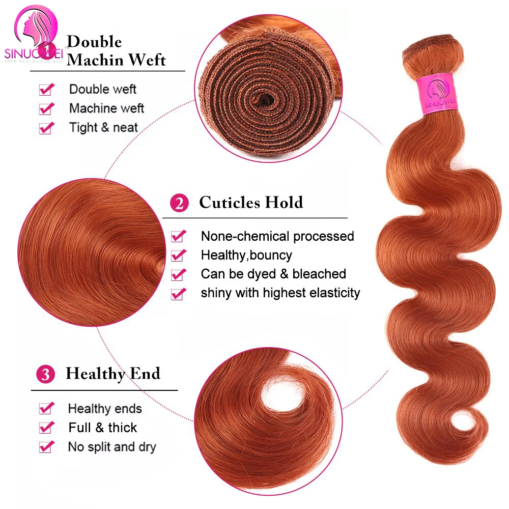 Pacotes Brasileiros de Cabelo Humano com Fechamento, Onda Corporal, Gengibre Laranja, 613, 3, 4 Pacotes com Fechamento, #350