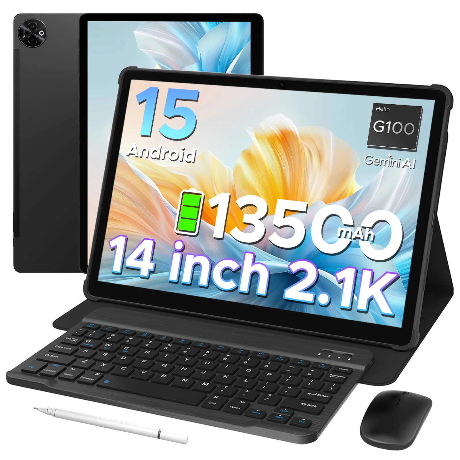 Doogee tab e3 max 2 em 1 tablet pc 14 "2.1k display android 15 32gb (8 + 24) 256gb 13500mah bateria qual alto-falante helio g100 tablet