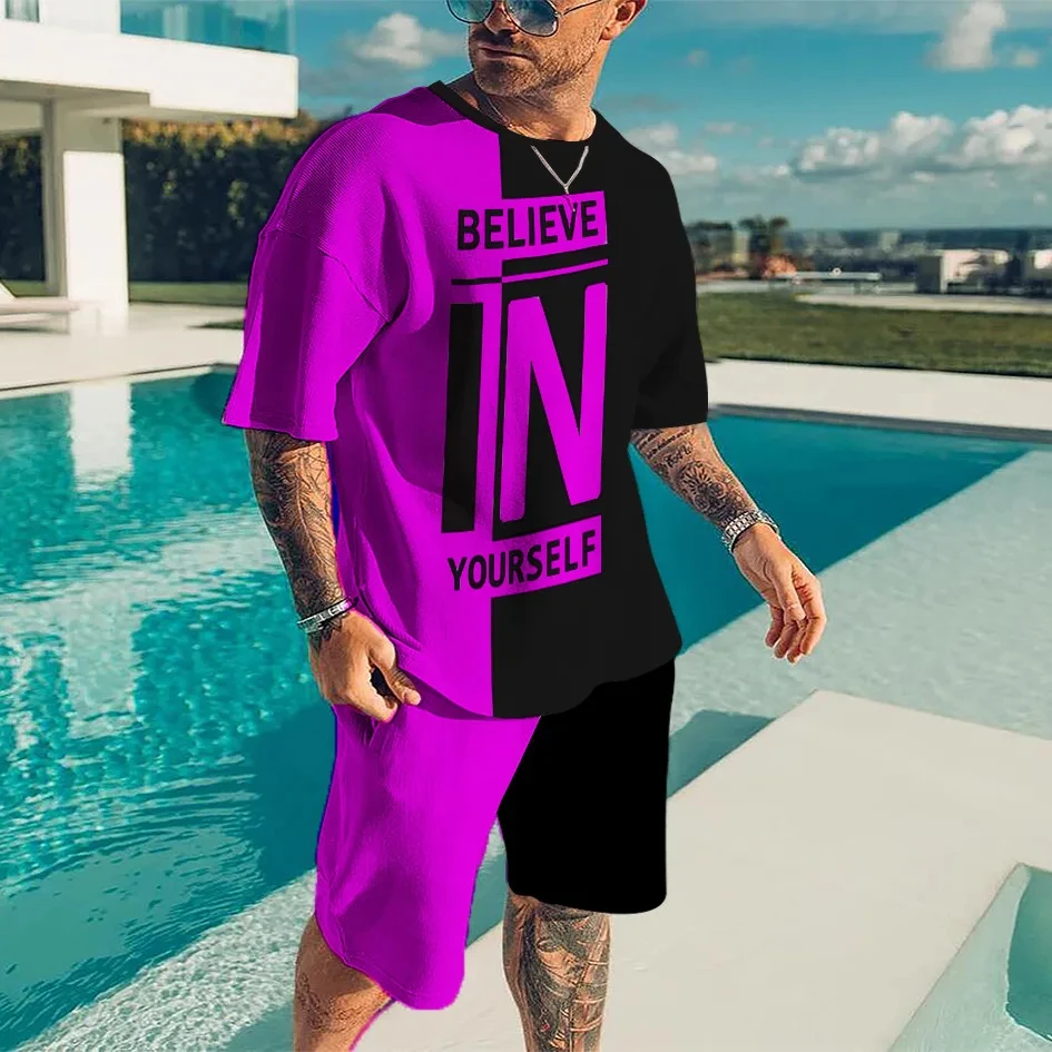 新しい夏のメンズトラックスーツ自分自身を信じて Tシャツショーツセットスポーツ衣装ジョギングスーツ特大服アウトドアストリート