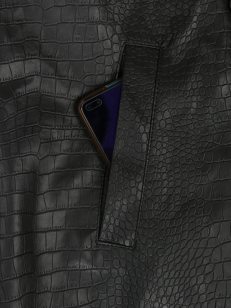 Casaco de couro com estampa nerazzurri-crocodilo para mulheres, impermeável impermeável com cinto, longo e solto, vermelho, trespassado duplo, moda, outono