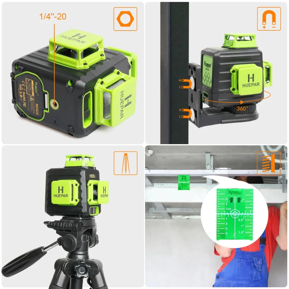 Huepar 3D Cross Line Self-leveling Laser Level 12 lines Green Beam Li-ion Battery with Type-C Charging Port & Hard Carry Case