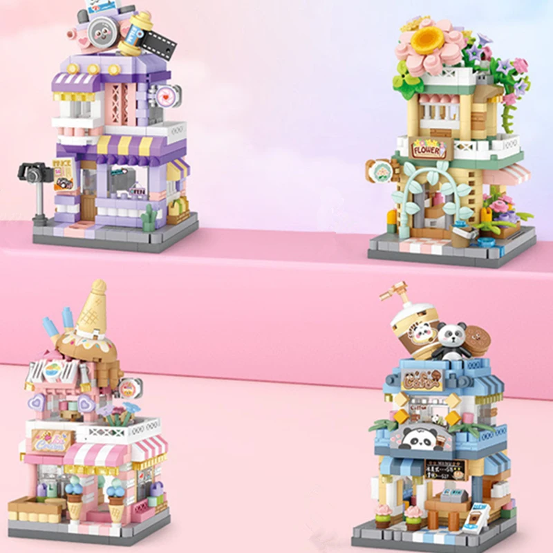Brinquedos de bloco de construção de café da cidade, lojas de flores de sorvete, kits de ferramentas de bloco de construção de casa de comida, decoração ideal para casa