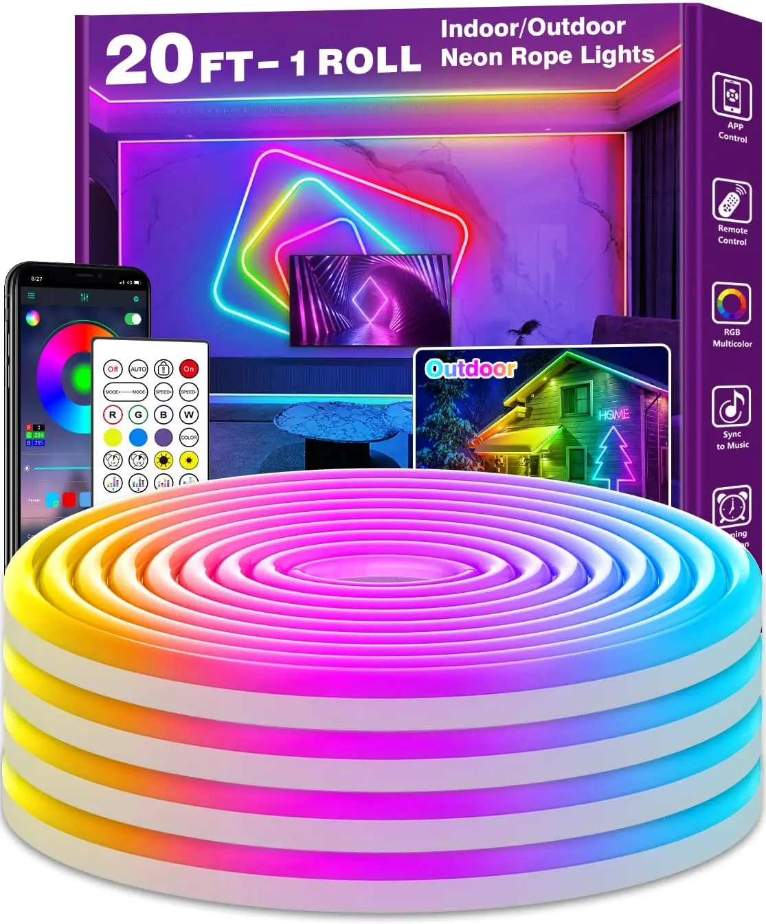 Tira de luces Led de neón Rgb inteligente Ip65 impermeable 24V luz de cuerda de neón 5M 10M 15M 20M 30M sincronización de música Control por aplicación para fiesta cinta de decoración del hogar