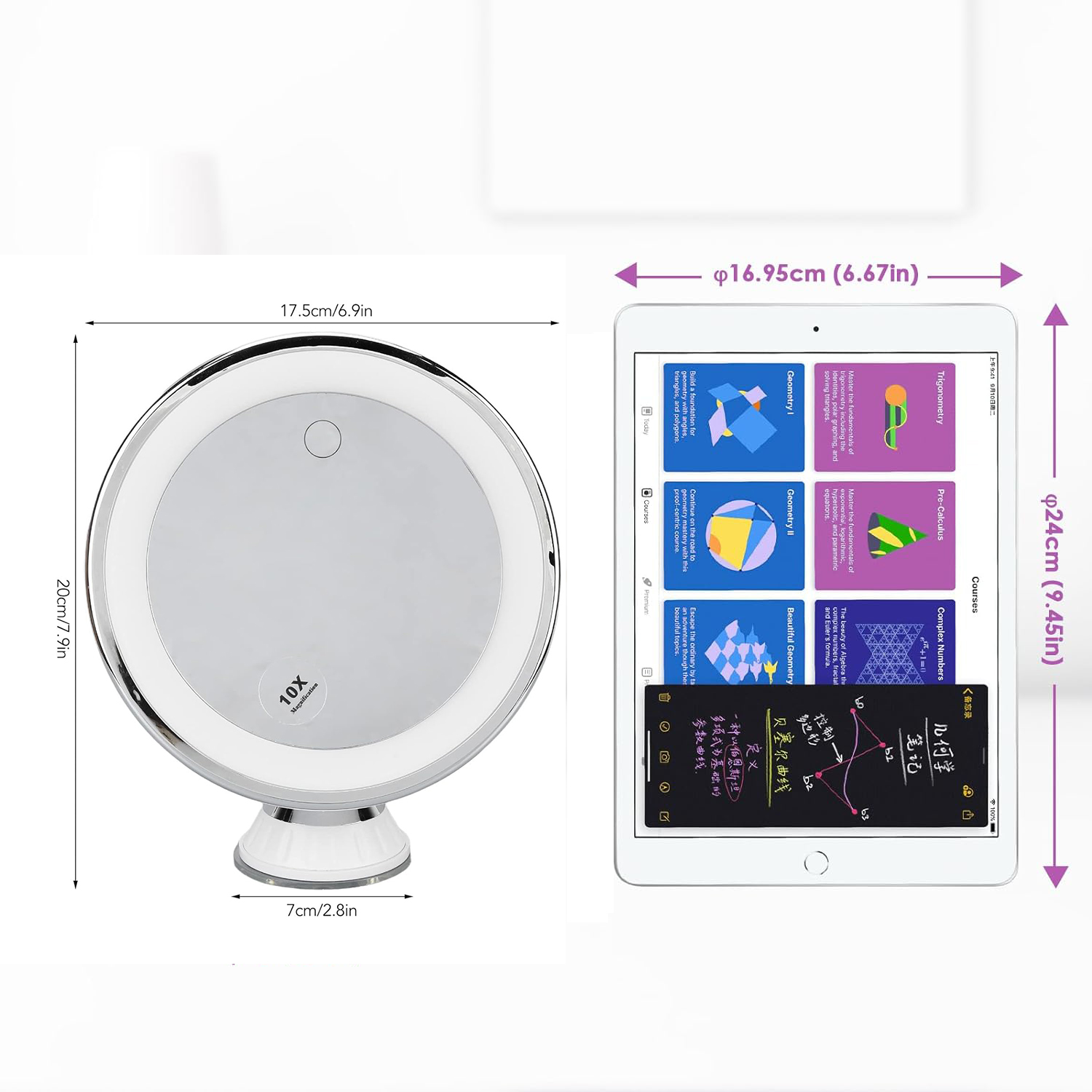 LED Makeup Magnifying Mirror 3 Light Colors Illuminated with 10x Magnification and Suction Cup 360° Rotation Brightness Dimmable