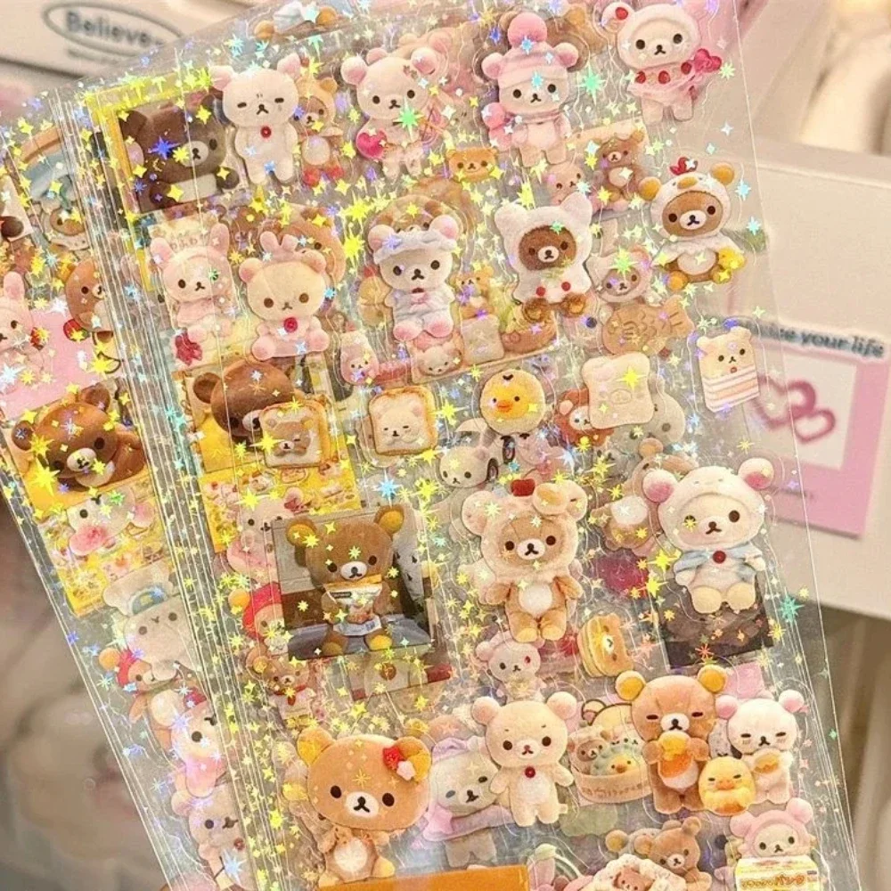 5 Blatt Cartoon Hello Kitty Rilakkuma Niedliche Aufkleber Stanzaufkleber Anime Handbücher Material Blinkender Laseraufkleber Kinderspielzeug