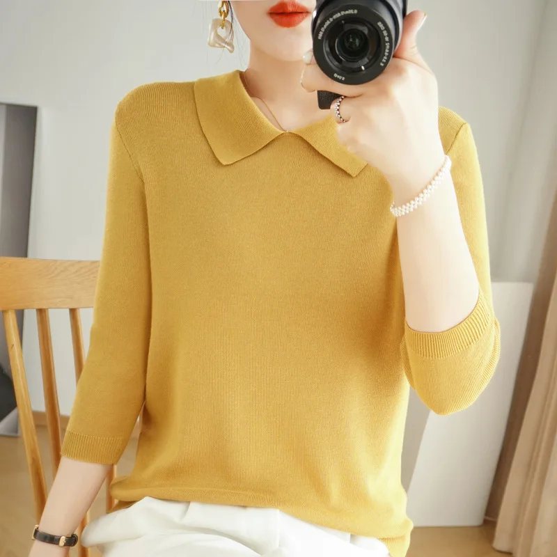 Suéter de punto con cuello POLO para mujer, mezcla de Cachemira, otoño e invierno, nuevo Color sólido, Top interior Simple adelgazante y reductor de edad