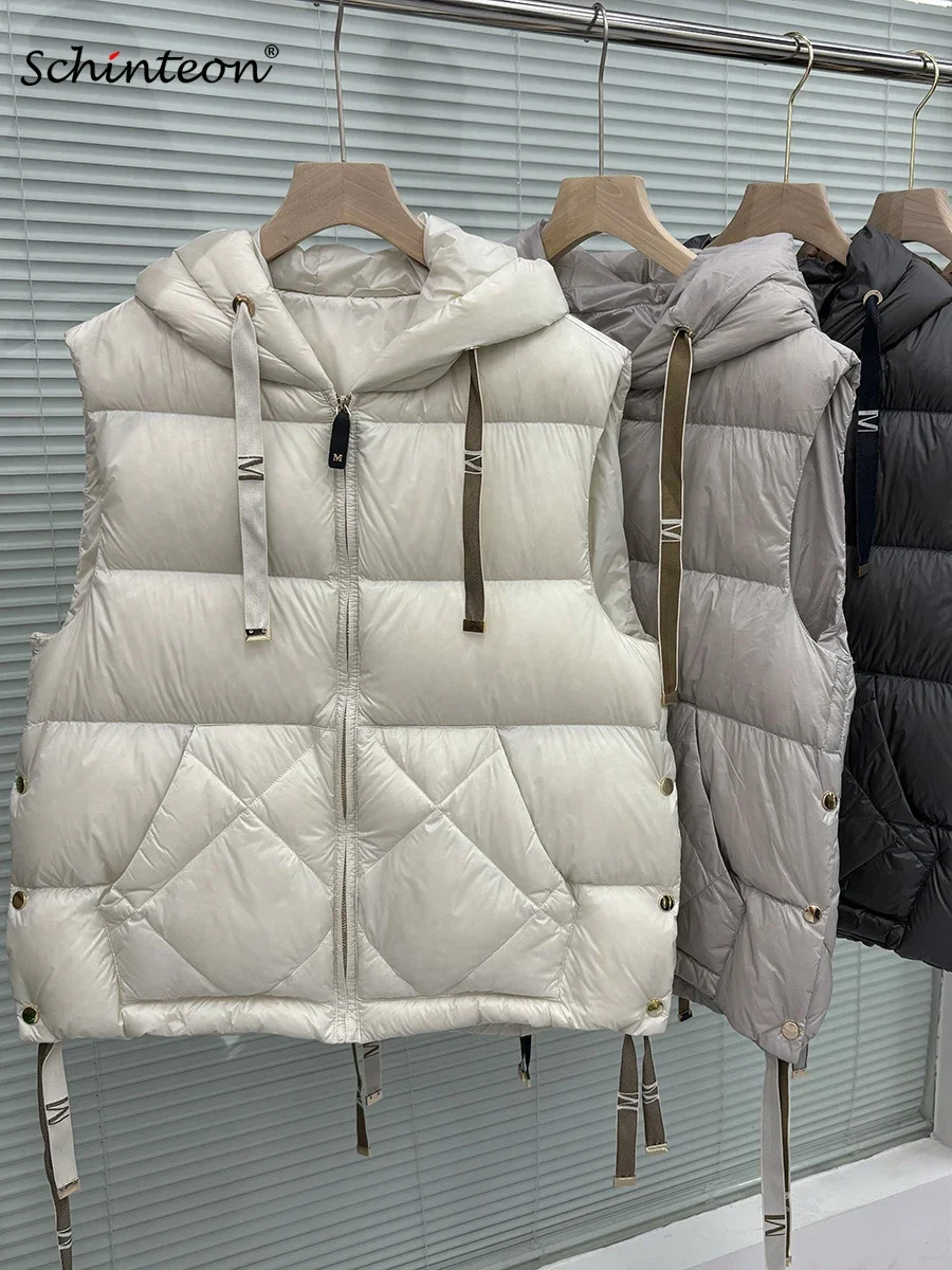 Schinteon feminino 90% pato branco para baixo colete com capuz casual sem mangas jaqueta simples cor sólida moda outono inverno topo novo