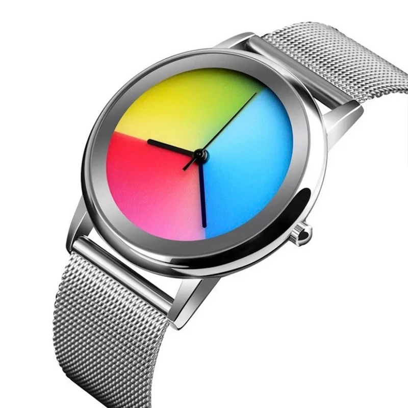 Nuevo reloj único para mujer, reloj de pulsera de cuarzo con esfera cambiante colorida informal a la moda, relojes simples de acero ultrafinos para mujer, regalo especial