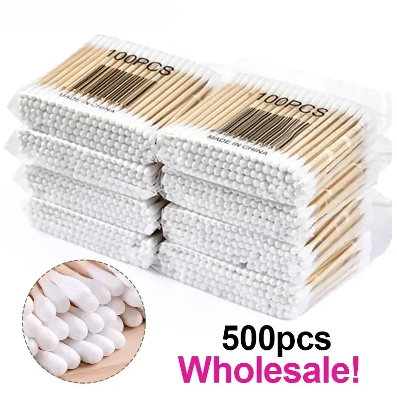 100/500 Uds hisopo de algodón de madera de doble cabeza limpieza de nariz y oídos herramientas de maquillaje para mujeres Lipstik bastoncillos de punta de bastoncillos Oidos