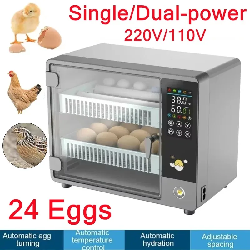 24-Eier Intelligente Temperaturregelung Touchscreen Vollautomatischer Inkubator Elektrischer Haushaltsinkubator für Hühner-Ente